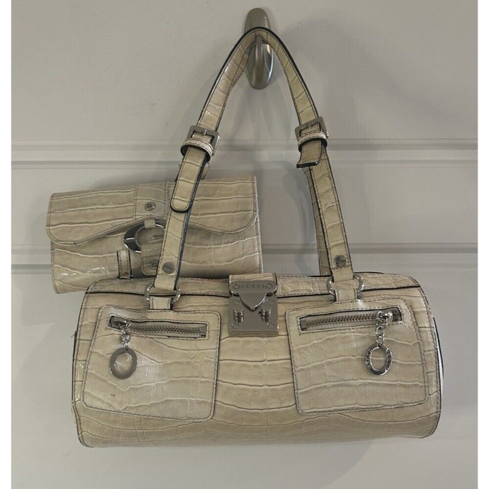 Guess Y2K Vegan Leather Crocodile Print Cream White Baguette Bag And Wallet